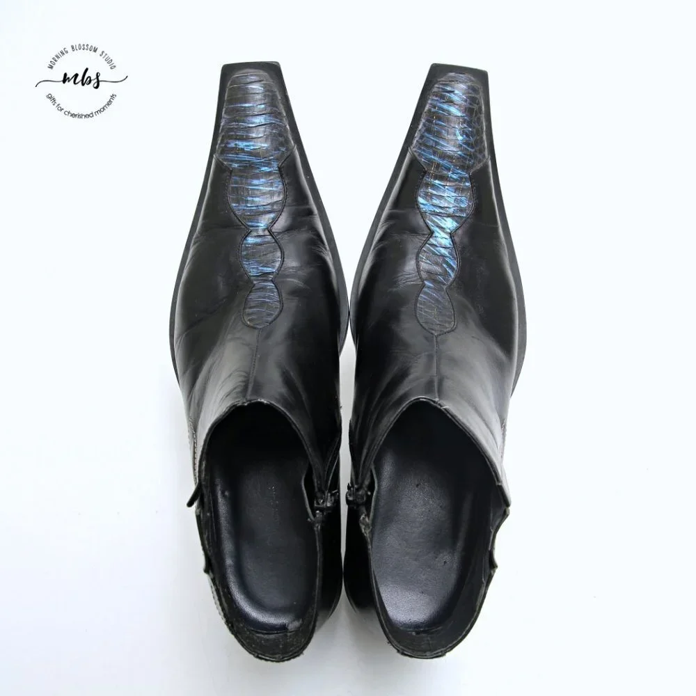 Juno Western Contrast Stitch Croc Pointed‎ Toe Side Zip Ankle Boots Black Men 9